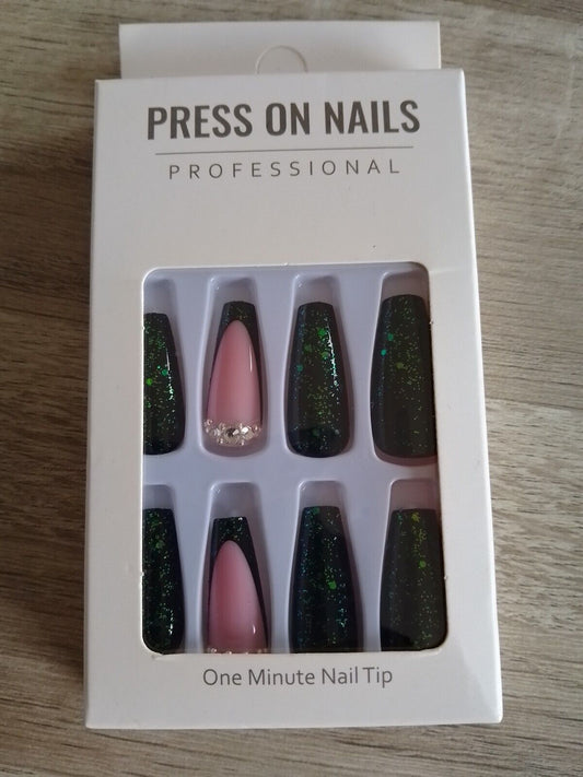 False Nails Dark Jade Green Nude Pink Diamante Mix Match Glitter Stiletto