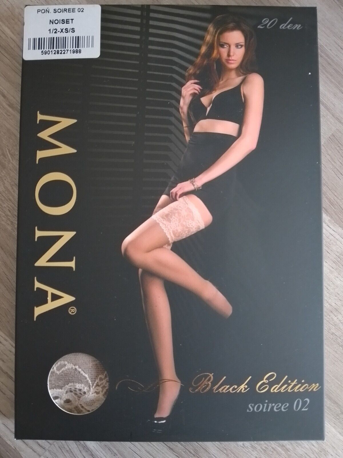 TAN HOLD UP STOCKINGS MONA NUDE DEEP LACE CONRAST TOP SHEER 20D STAYUP SMALL